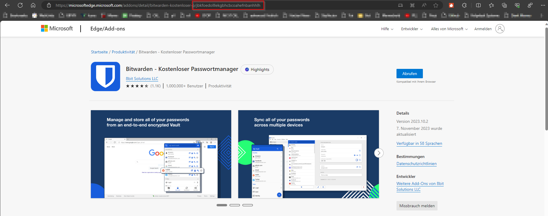 Edge extension detail page in the Add-ons store